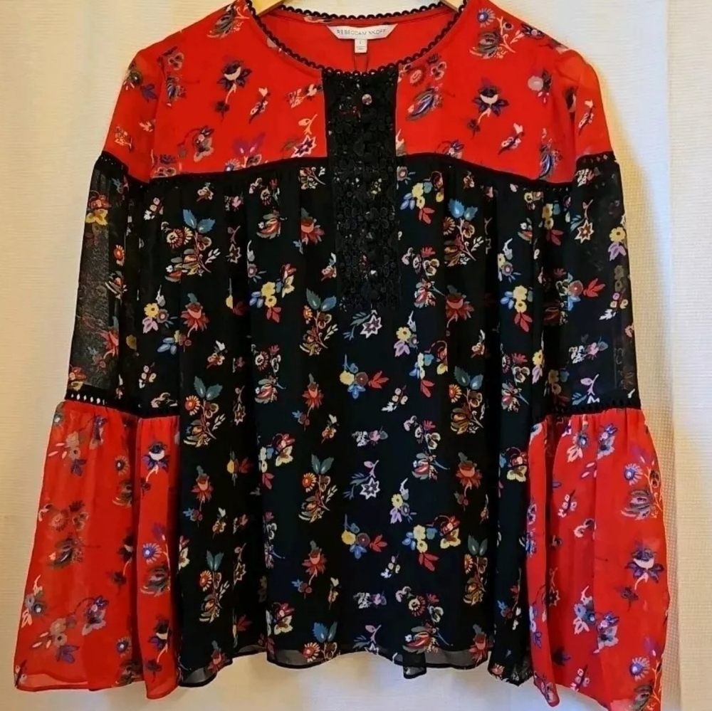 Rebecca Minkoff Luca Top Size L Floral Red Multi Bell Sleeves Cottagecore New P5